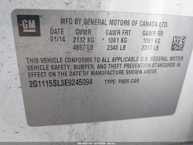 44431790 :رقم المزاد ، 2G1115SL3E9245094 vin ، 2014 Chevrolet Impala 1lt مزاد بيع