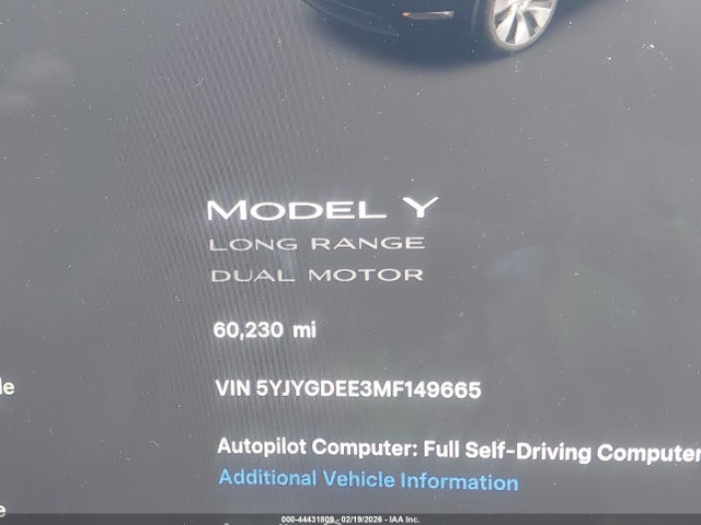 Продаж на аукціоні авто 2021 Tesla Model Y Long Range Dual Motor All-wheel Drive, vin: 5YJYGDEE3MF149665, номер лоту: 44431809