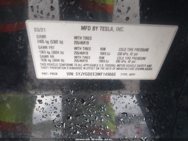 Продаж на аукціоні авто 2021 Tesla Model Y Long Range Dual Motor All-wheel Drive, vin: 5YJYGDEE3MF149665, номер лоту: 44431809