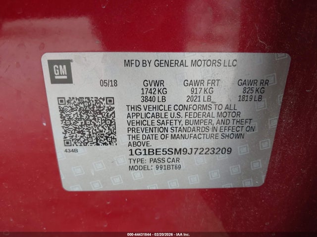 44431844 :رقم المزاد ، 1G1BE5SM9J7223209 vin ، 2018 Chevrolet Cruze Lt Auto مزاد بيع