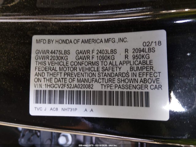 1HGCV2F52JA020082 Honda Accord Ex-l 2.0t