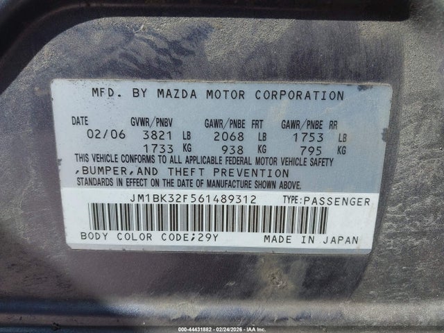 2006 Mazda Mazda3 I მანქანა იყიდება აუქციონზე, vin: JM1BK32F561489312, აუქციონის ნომერი: 44431882