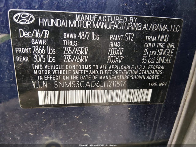 5NMS3CAD6LH211517 Hyundai Santa Fe Sel