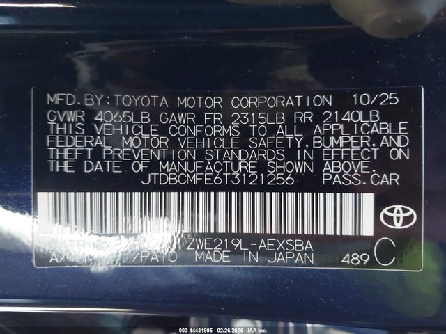 Продажа на аукционе авто 2026 Toyota Corolla Hybrid Hybrid Se, vin: JTDBCMFE6T3121256, номер лота: 44431895