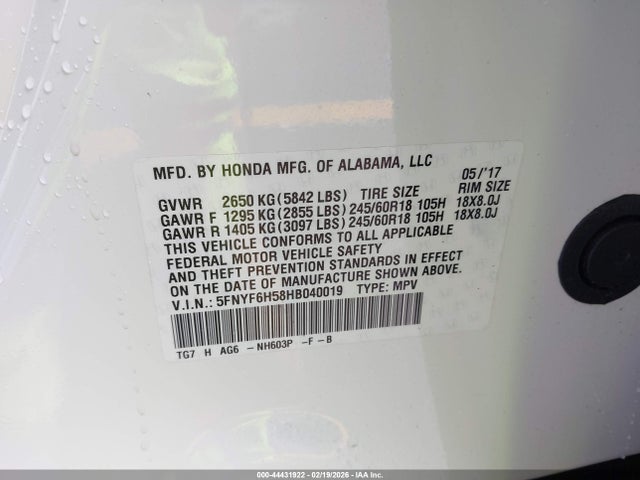 5FNYF6H58HB040019 Honda Pilot Ex-l