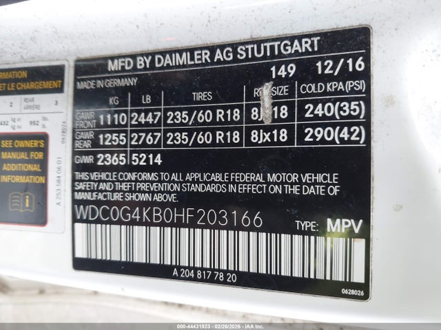 44431923 :رقم المزاد ، WDC0G4KB0HF203166 vin ، 2017 Mercedes-benz Glc 300 4matic مزاد بيع