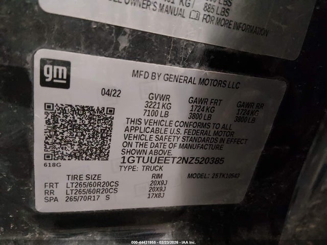 44431955 :رقم المزاد ، 1GTUUEET2NZ520385 vin ، 2022 Gmc Sierra 1500 4wd  Short Box At4 مزاد بيع