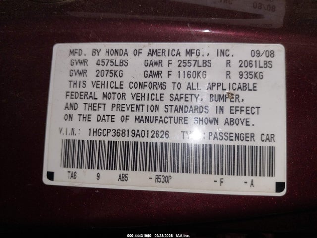 Продажа на аукционе авто 2009 Honda Accord 3.5 Ex-l, vin: 1HGCP36819A012626, номер лота: 44431960
