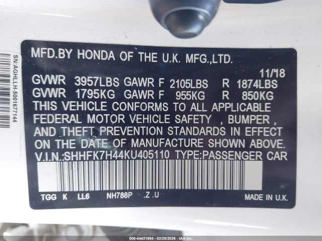 SHHFK7H44KU405110 Honda Civic Sport