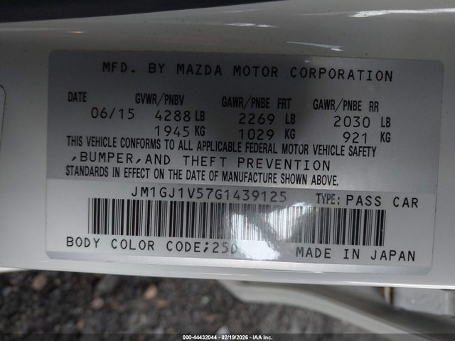 44432044 :رقم المزاد ، JM1GJ1V57G1439125 vin ، 2016 Mazda Mazda6 I Touring مزاد بيع
