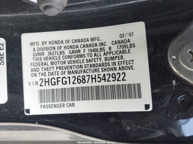 Продажа на аукционе авто 2007 Honda Civic Lx, vin: 2HGFG12687H542922, номер лота: 44432052