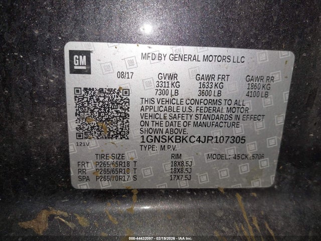 Aukcja sprzedaży 2018 Chevrolet Tahoe Lt, vin: 1GNSKBKC4JR107305, numer aukcji: 44432097