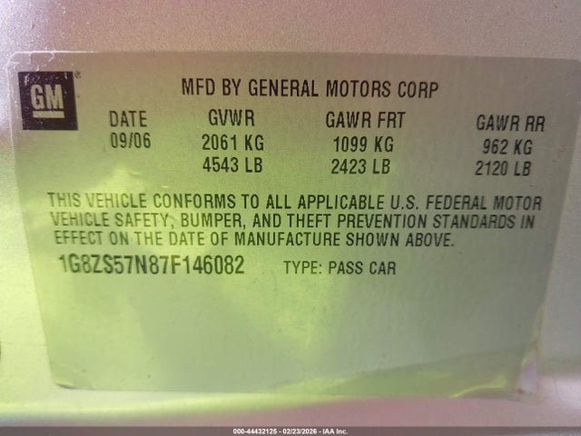 Продажа на аукционе авто 2007 Saturn Aura Xe, vin: 1G8ZS57N87F146082, номер лота: 44432125