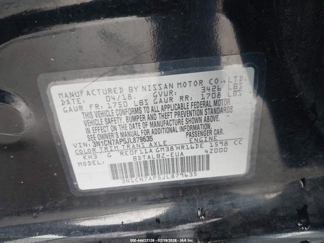 3N1CN7AP5JL879635 Nissan Versa 1.6 Sv