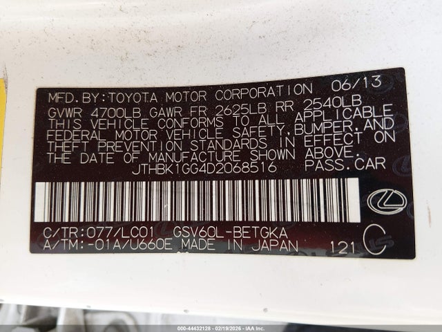 44432128 :رقم المزاد ، JTHBK1GG4D2068516 vin ، 2013 Lexus Es 350 مزاد بيع