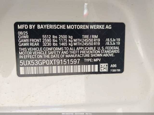 2026 Bmw X3 30 Xdrive მანქანა იყიდება აუქციონზე, vin: 5UX53GP0XT9151597, აუქციონის ნომერი: 44432152