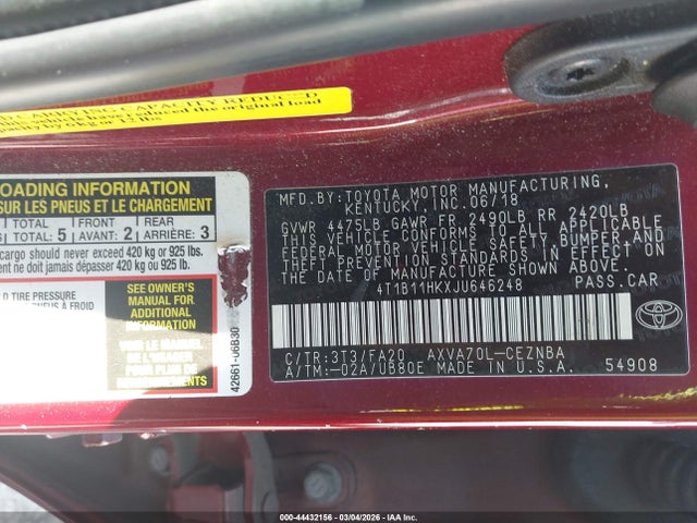 Aukcja sprzedaży 2018 Toyota Camry Le, vin: 4T1B11HKXJU646248, numer aukcji: 44432156