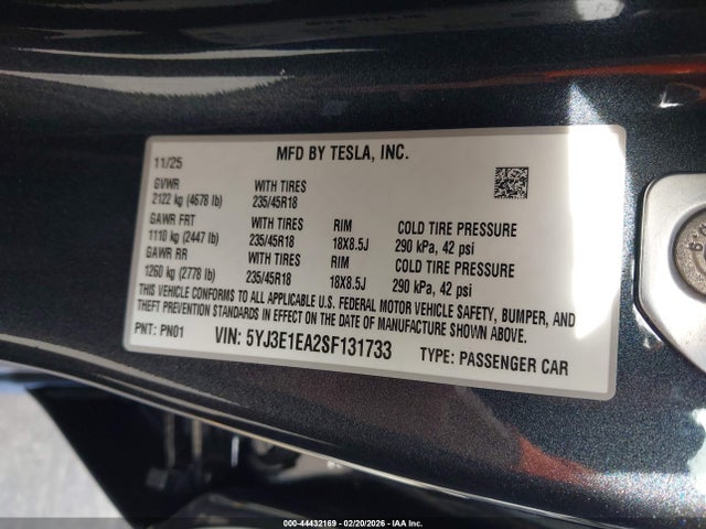 Aukcja sprzedaży 2025 Tesla Model 3, vin: 5YJ3E1EA2SF131733, numer aukcji: 44432169