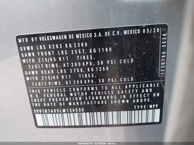 2020 Volkswagen Tiguan 2.0t S მანქანა იყიდება აუქციონზე, vin: 3VV1B7AX5LM134590, აუქციონის ნომერი: 44432178