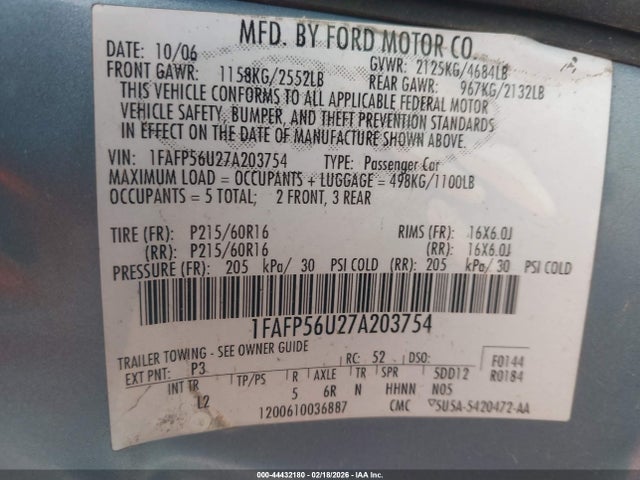 2007 FORD TAURUS 1FAFP56U27A203754 Photo 8