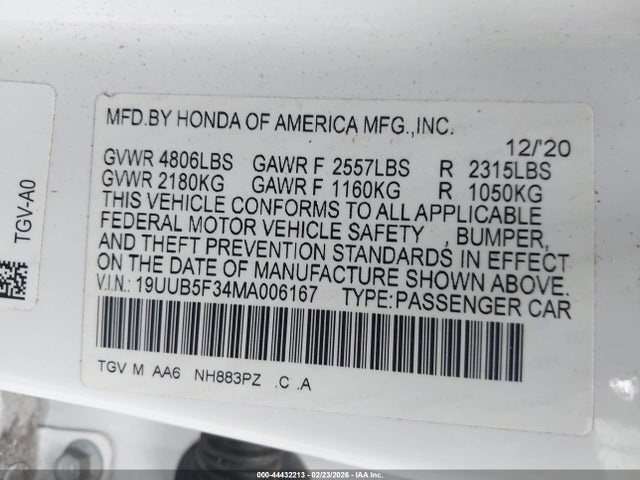 Продажа на аукционе авто 2021 Acura Tlx Standard, vin: 19UUB5F34MA006167, номер лота: 44432213