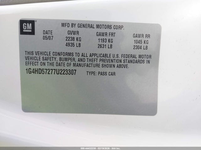 44432239 :رقم المزاد ، 1G4HD57277U223307 vin ، 2007 Buick Lucerne Cxl مزاد بيع