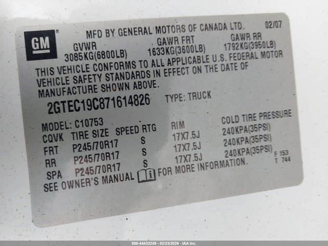 2007 Gmc Sierra 1500 Sle1 მანქანა იყიდება აუქციონზე, vin: 2GTEC19C871614826, აუქციონის ნომერი: 44432249