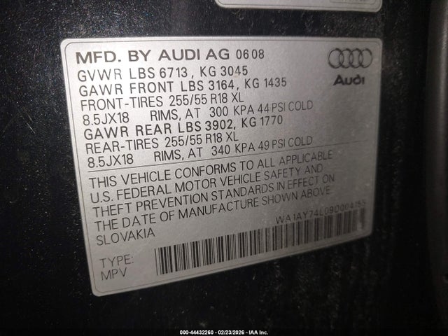 44432260 :رقم المزاد ، WA1AY74L09D004155 vin ، 2009 Audi Q7 3.6 5 Passenger/3.6 Premium مزاد بيع