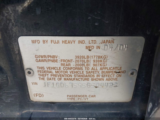 44432276 :رقم المزاد ، JF1GD67595G504428 vin ، 2005 Subaru Impreza 2.5rs مزاد بيع