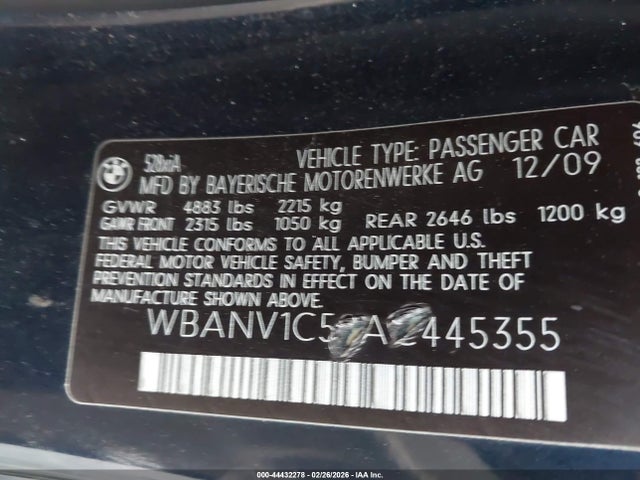 Aukcja sprzedaży 2010 Bmw 528i Xdrive, vin: WBANV1C50AC445355, numer aukcji: 44432278