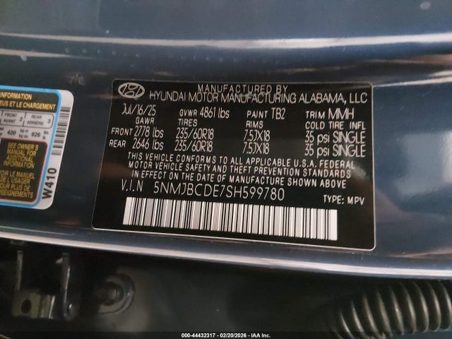 44432317 :رقم المزاد ، 5NMJBCDE7SH599780 vin ، 2025 Hyundai Tucson Sel مزاد بيع