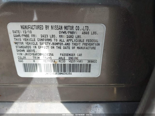 44432331 :رقم المزاد ، JN1CV6AR3BM406254 vin ، 2011 Infiniti G37x مزاد بيع