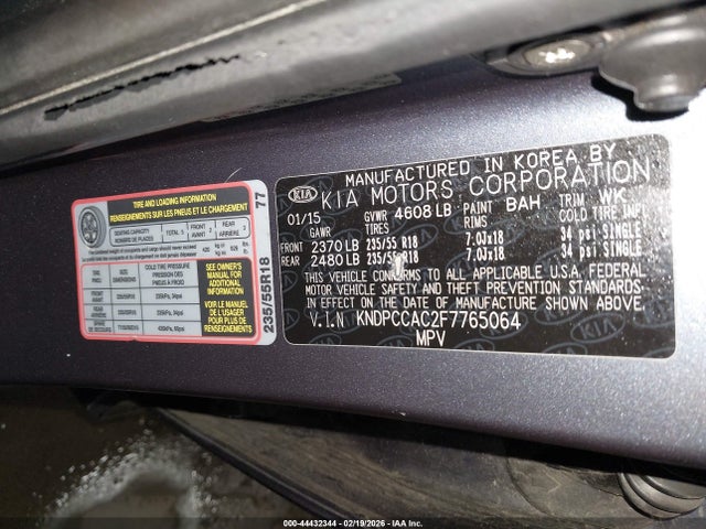 44432344 :رقم المزاد ، KNDPCCAC2F7765064 vin ، 2015 Kia Sportage Ex مزاد بيع