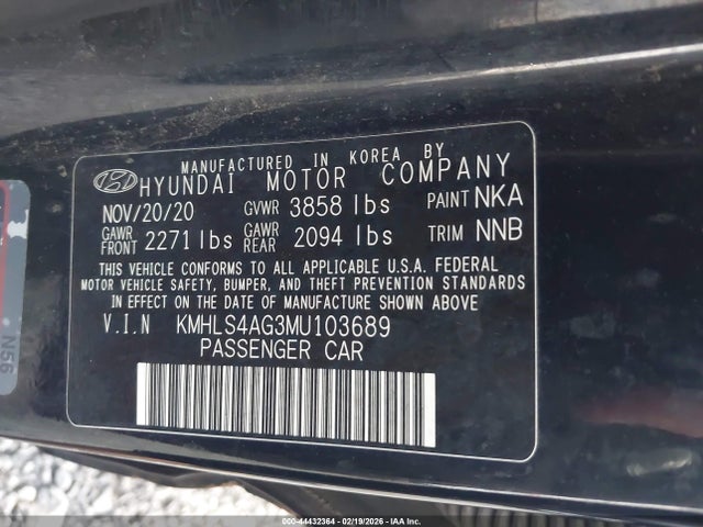 44432364 :رقم المزاد ، KMHLS4AG3MU103689 vin ، 2021 Hyundai Elantra Sel مزاد بيع