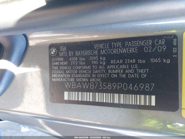 Продажа на аукционе авто 2009 Bmw 335i, vin: WBAWB73589P046987, номер лота: 44432389
