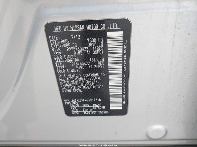 44432438 :رقم المزاد ، JN8AZ2NF4C9517616 vin ، 2012 Infiniti Qx56 مزاد بيع