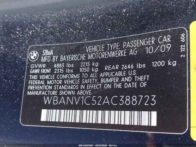 Aukcja sprzedaży 2010 Bmw 528i Xdrive, vin: WBANV1C52AC388723, numer aukcji: 44432441