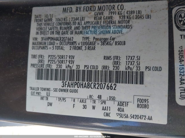 2012 FORD FUSION 3FAHP0HA8CR207662 Photo 8