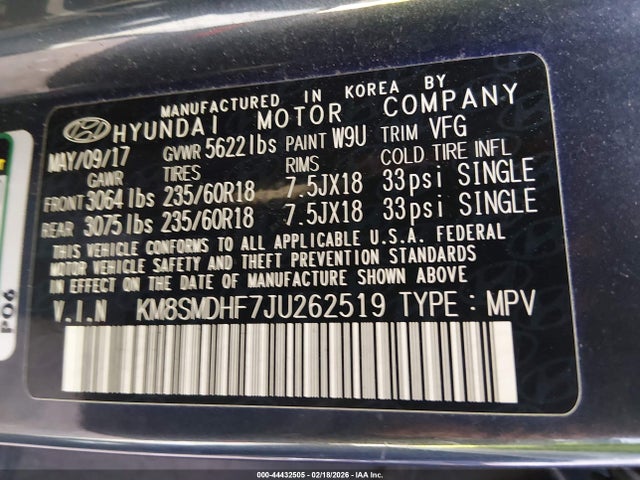 2018 Hyundai Santa Fe Se მანქანა იყიდება აუქციონზე, vin: KM8SMDHF7JU262519, აუქციონის ნომერი: 44432505