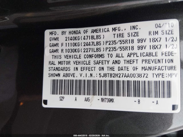 2010 Acura Rdx მანქანა იყიდება აუქციონზე, vin: 5J8TB2H27AA003872, აუქციონის ნომერი: 44432515