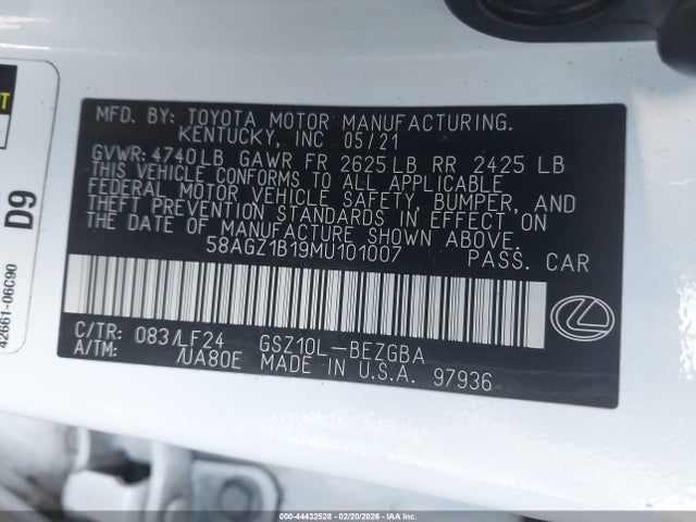 44432528 :رقم المزاد ، 58AGZ1B19MU101007 vin ، 2021 Lexus Es 350 F Sport مزاد بيع