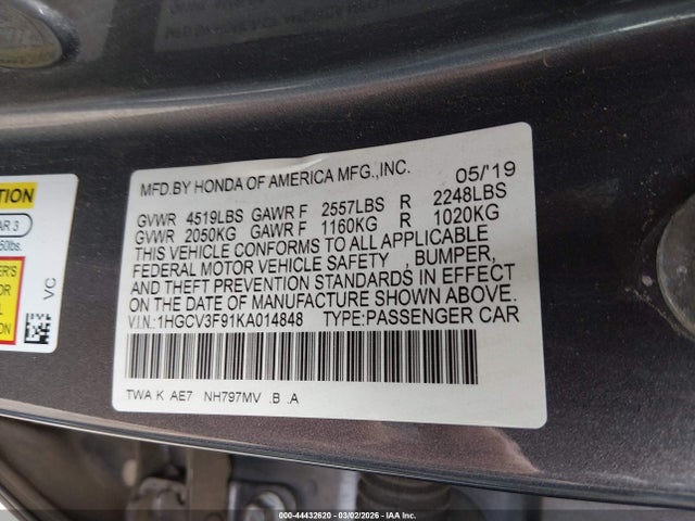 2019 Honda Accord Hybrid Touring მანქანა იყიდება აუქციონზე, vin: 1HGCV3F91KA014848, აუქციონის ნომერი: 44432620