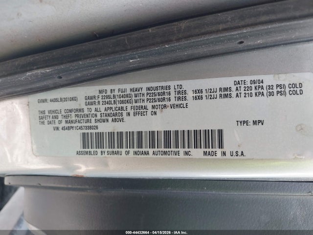 2005 Subaru Outback 2.5i მანქანა იყიდება აუქციონზე, vin: 4S4BP61C457338026, აუქციონის ნომერი: 44432664