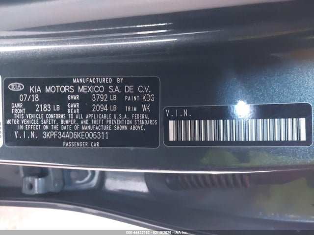 3KPF34AD6KE006311 KIA FORTE S