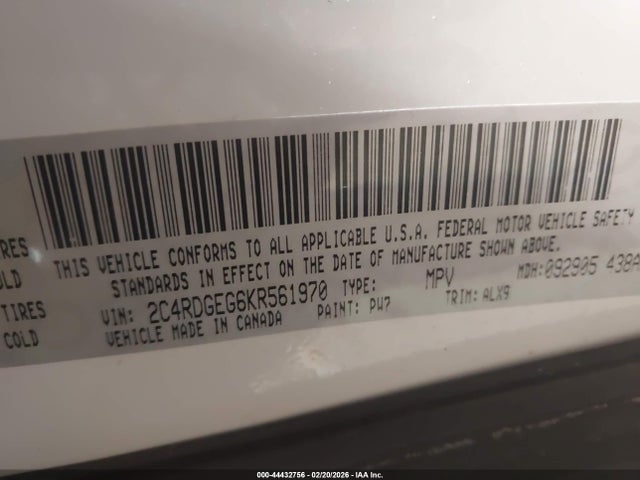 Продаж на аукціоні авто 2019 Dodge Grand Caravan Gt, vin: 2C4RDGEG6KR561970, номер лоту: 44432756