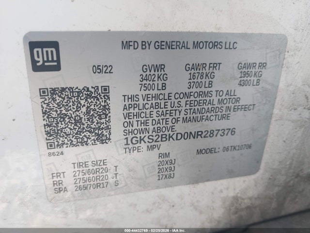 44432769 :رقم المزاد ، 1GKS2BKD0NR287376 vin ، 2022 Gmc Yukon 4wd Slt مزاد بيع