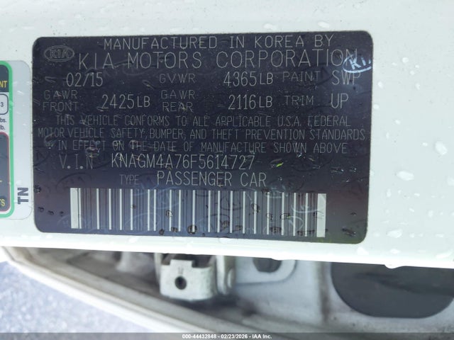 44432848 :رقم المزاد ، KNAGM4A76F5614727 vin ، 2015 Kia Optima Lx مزاد بيع