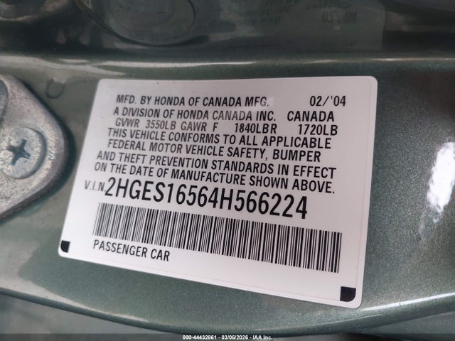 Aukcja sprzedaży 2004 Honda Civic Lx, vin: 2HGES16564H566224, numer aukcji: 44432861