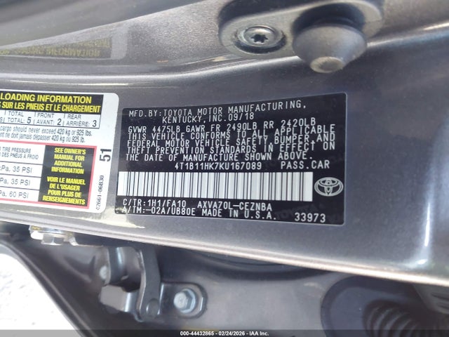 2019 Toyota Camry Le მანქანა იყიდება აუქციონზე, vin: 4T1B11HK7KU167089, აუქციონის ნომერი: 44432865