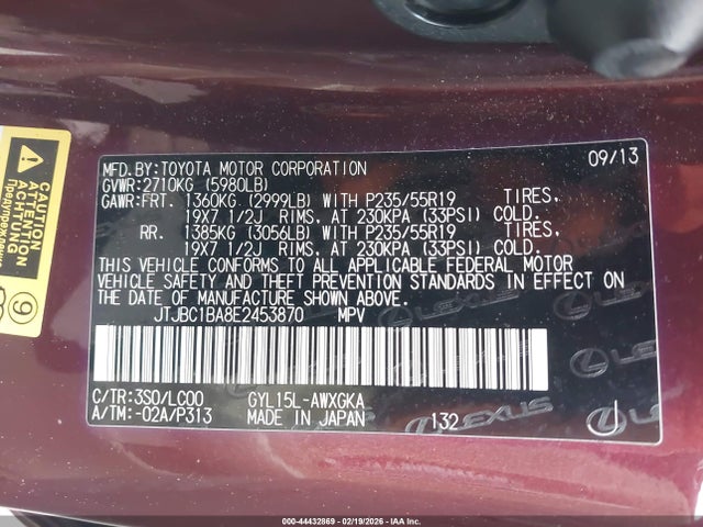 44432869 :رقم المزاد ، JTJBC1BA8E2453870 vin ، 2014 Lexus Rx 450h مزاد بيع